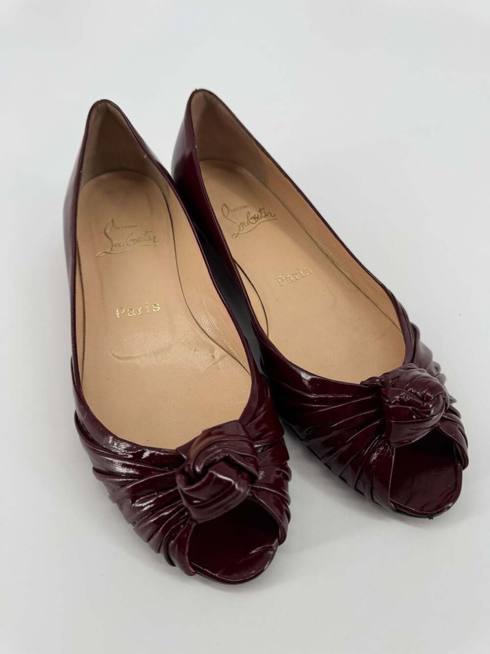 Christian Louboutin Burgundy Patent Leather Turban Peep Toe Flats Size 39